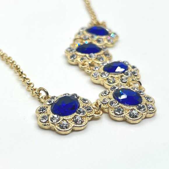 MONET BLUE CLEAR RHINESTONE FLOWER FLORAL STATION NECKLACE GOLD TONE CHAIN NWT - Picture 8 of 15